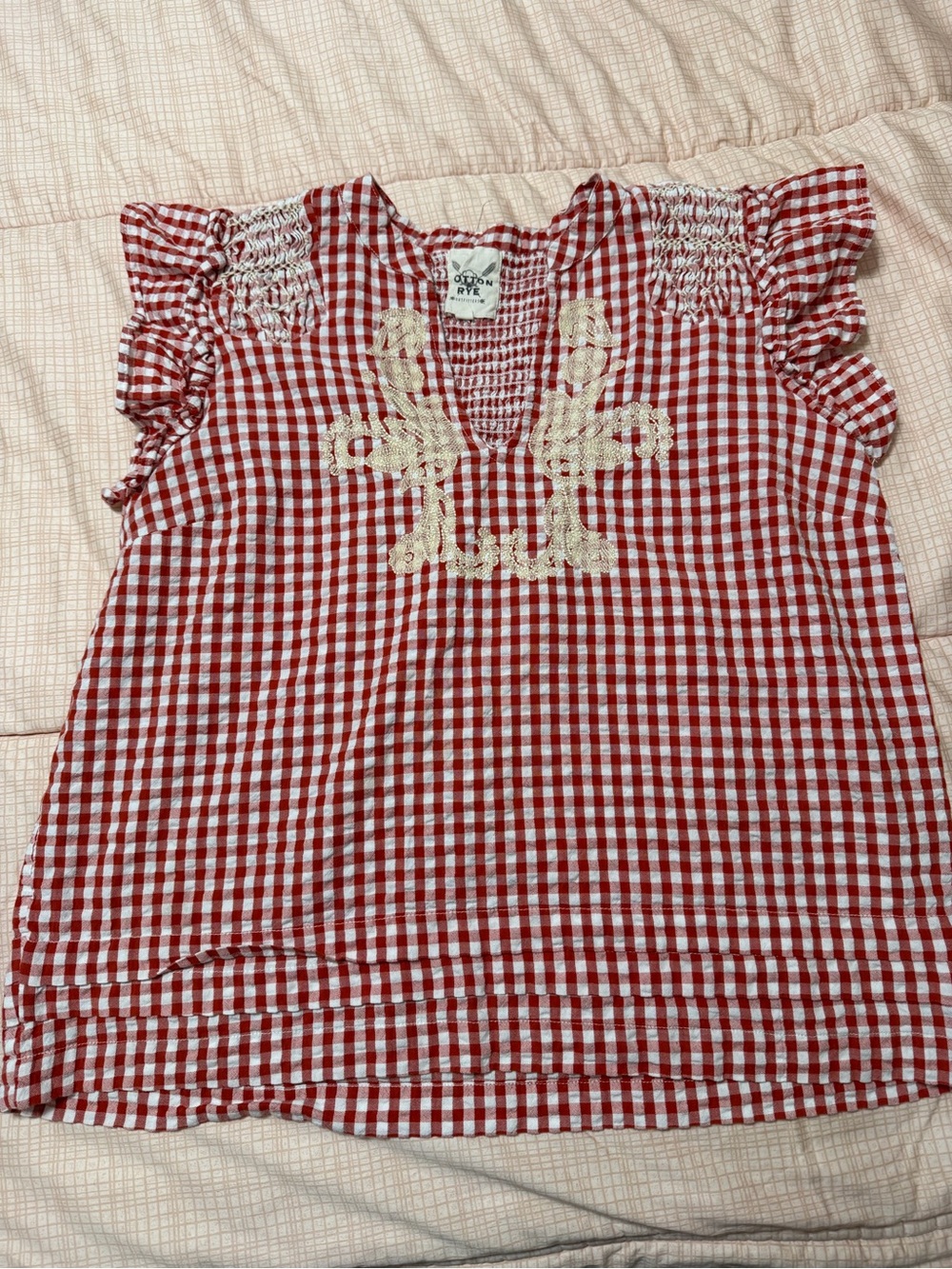 Cotton & Rye Red Gingham Embroidered Flutter Sleeve Blouse